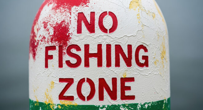 No fishing zone sign on weathered buoy highlights ocean preservation efforts for health of marine life and environment protection