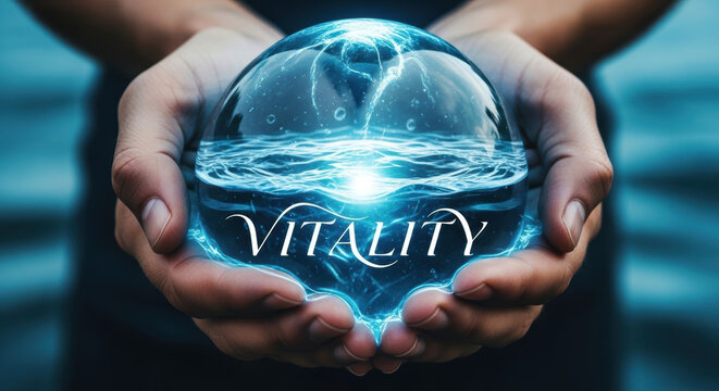 Vitality concept with glowing water sphere held in hands symbolizing ocean health and preservation for vibrant future and well being
