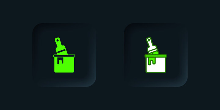 Green Paint bucket with brush icon isolated on black background. Black square button. Vector