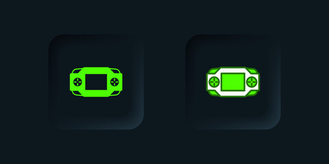 Green Portable video game console icon isolated on black background. Handheld console gaming. Black square button. Vector © Iryna