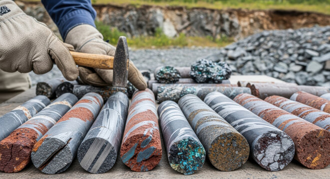 Core sample rock geology mining rare earth elements exploration mineral drill hand glove hammer outdoor field soil stone sediment geology research