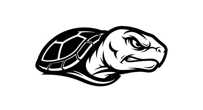 Aggressive sea turtle mascot head black and white graphic.