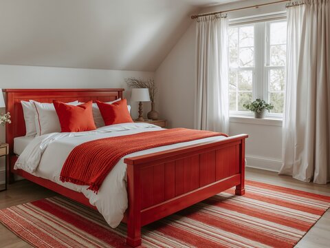 Red Wooden Bed in Bright Cozy Bedroom with White Curtains and Natural Light