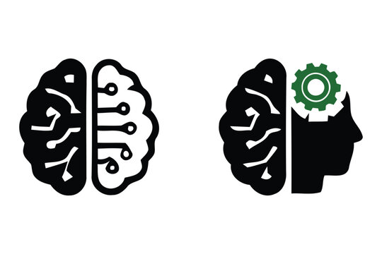 Brain with circuits and gear cog symbolizing artificial intelligence and human innovation on white background for tech design