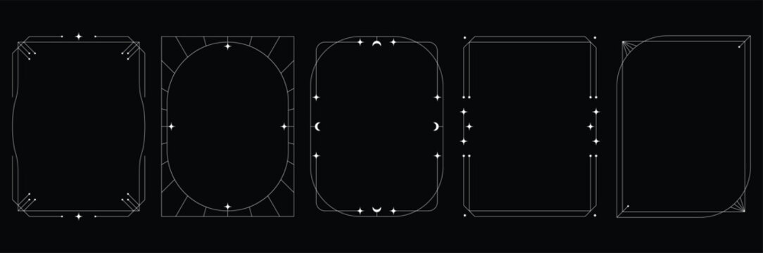 Mystical Celestial and Art Deco Frame Vector. Five elegant, white linear frames on a solid black background. The set blends delicate celestial icons, crescent moons, stars, and geometric Art.