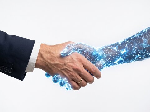 Professional human hand shaking a futuristic digital glowing artificial intelligence robot hand on white background