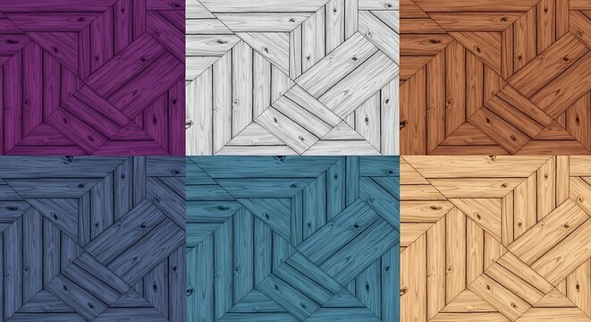 A 2x3 grid of wooden parquet floor patterns in various colors