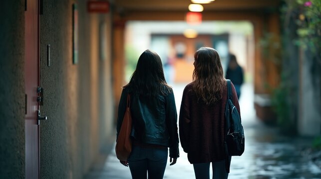 Counselor and adult walking together from dim corridor toward bright courtyard