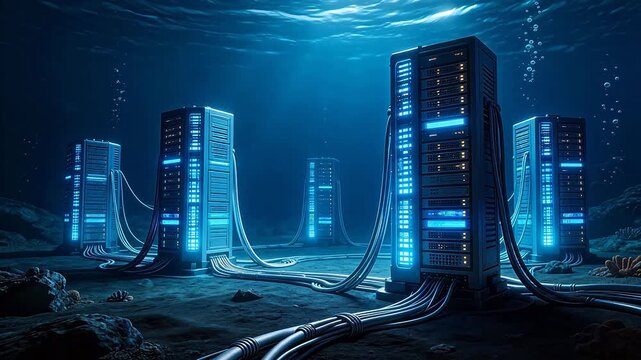 Underwater server racks with glowing lights