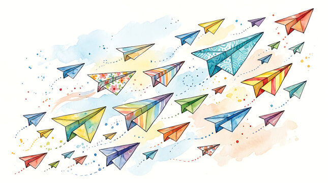 Colorful paper airplanes flying together in a whimsical watercolor background representing creativity innovation and teamwork in a playful artistic style