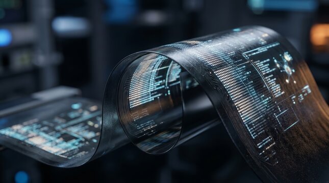 Futuristic flexible transparent digital display with complex data analysis in a high-tech lab environment.