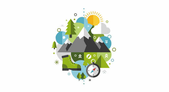 Flat Design Outdoor Adventure Illustration with Mountains Hiking Boot and Compass for Nature Travel Exploration