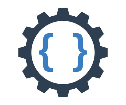 Gear icon with blue code brackets on white background