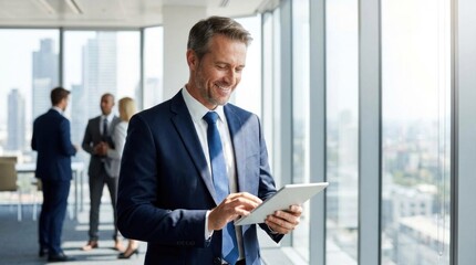 Fototapeta premium A businessman standing in an office with a tablet in his hands, surrounded by a city skyline.