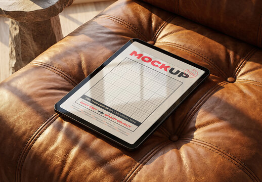 Tablet Screen on Leather Sofa Mockup