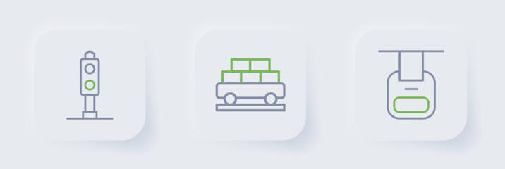 Set line Cable car, Cargo train wagon and Train traffic light icon. Vector © Iryna