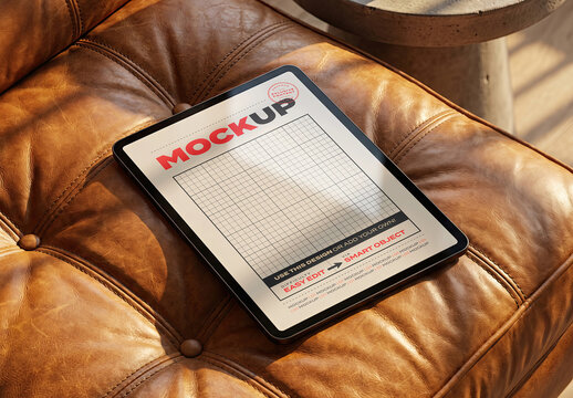 Tablet Vertical Screen Mockup on Leather Couch
