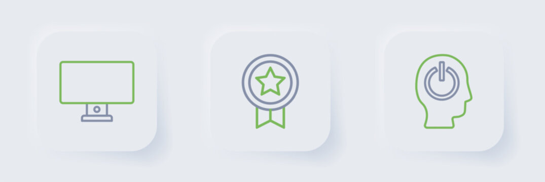 Set line Power button, Game rating with medal and Computer monitor icon. Vector