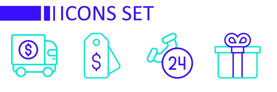 Set line Gift box, Telephone 24 hours support, Price tag with dollar and Armored truck icon. Vector