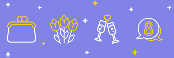 Fototapeta premium Set line 8 March in speech bubble, Glass of champagne, Flower tulip and Handbag icon. Vector
