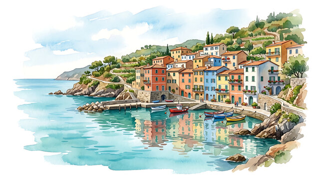 Watercolor painting of a charming mediterranean coastal village with colorful houses nestled along a sunny harbor with fishing boats floating on calm water