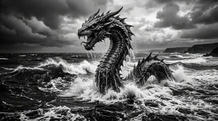 Giant sea dragon emerging from stormy ocean waves. © Maurin