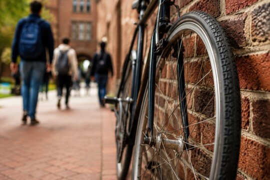 Bicycle leaning against brick wall on university campus with students walking background