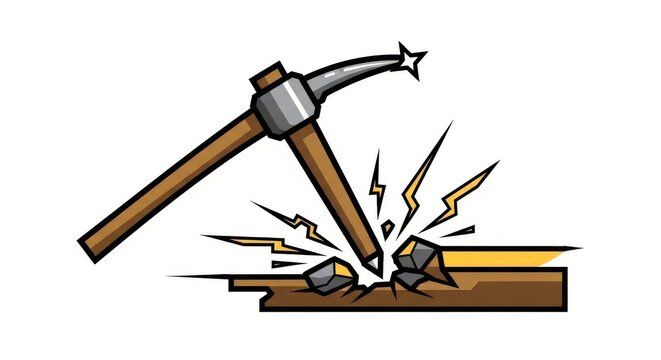 Pickaxe striking rock and breaking apart with sparks flying symbolizing hard work mining or construction task.
