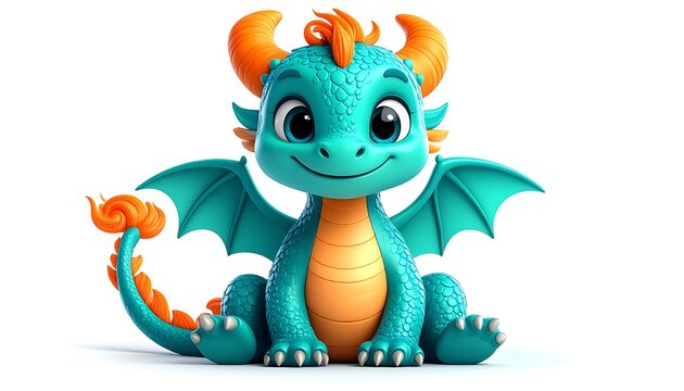 A cheerful teal dragon with orange accents and large eyes