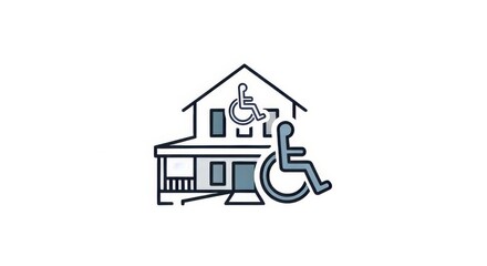Fototapeta premium Inclusive housing symbol showing person in wheelchair in front of accessible home with ramp and wide doors on white background.