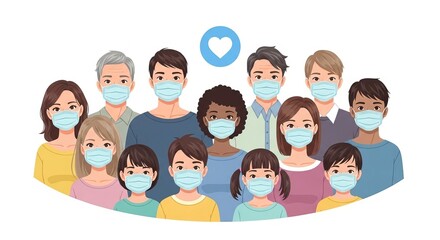Fototapeta premium Diverse group of people wearing face masks symbolizing health and safety measures during pandemic or illness outbreak.