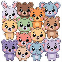 Fototapeta premium Cute Kawaii Animal Friends Group Vector Illustration, Adorable Cartoon Animals Group Vector Design.