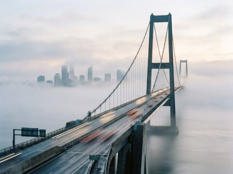 Suspension bridge over water with city skyline in heavy fog. Cars driving on highway during morning mist. Urban infrastructure, architecture and commuter transport concept. Road travel.