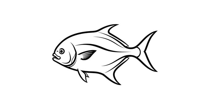 Pompano fish side view black and white vector illustration.
