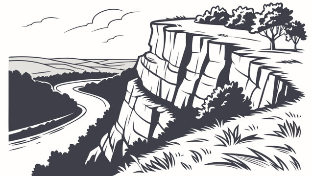 Black and white line of a winding river flowing past a cliff edge with trees and grassy terrain in the foreground