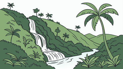 Of a lush green tropical landscape with a waterfall flowing into a river, surrounded by palm trees and dense jungle vegetation © shahin10