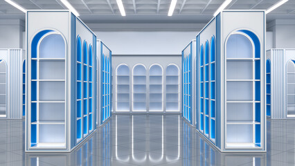 Fototapeta premium A passageway between white blue arched gondola shelving with LED lighting in a retail store interior. 3d illustration