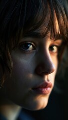 Fototapeta premium Young adult face half - lit by narrow beam of cold light in dramatic portrait