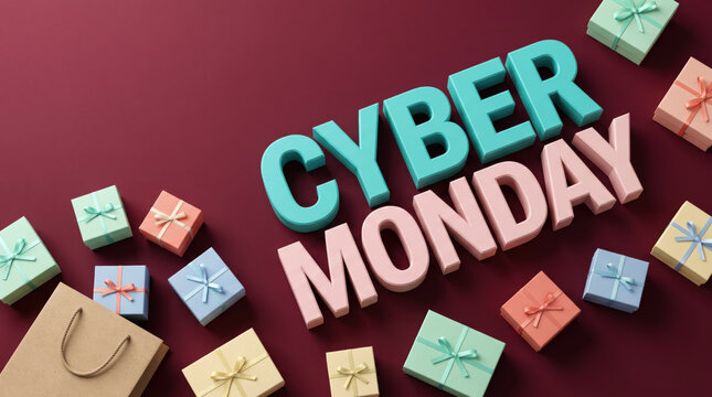 Cyber Monday Sale with Colorful Gift Boxes and Shopping Bag on Burgundy Background, Holiday Retail Banner with Copy Space