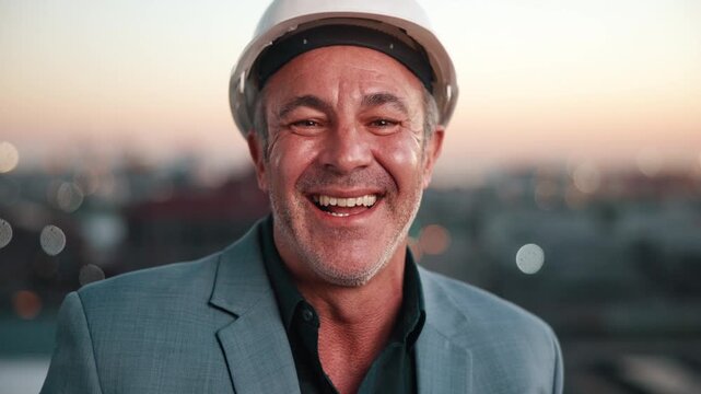 Face, man and engineer in city with smile, inspection and architecture for infrastructure. Portrait, mature person or contractor with happiness, positive attitude and quality control for construction