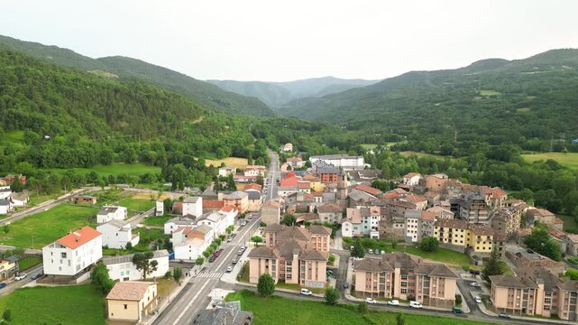 Aerial view of historic town bell tower Vilaller in Catalonia in Lleida Spain, landscape old medieval rural small town