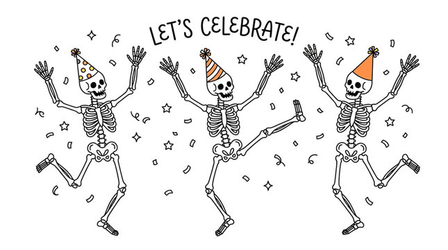 Three dancing skeletons wearing party hats celebrating