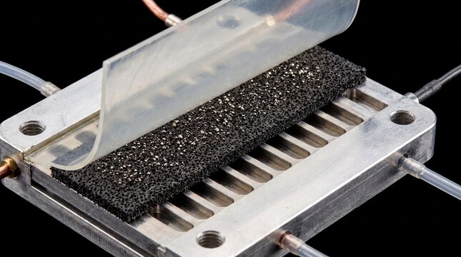 hydrogen energy innovation, close-up view of a fuel cell membrane and platinum catalyst against black