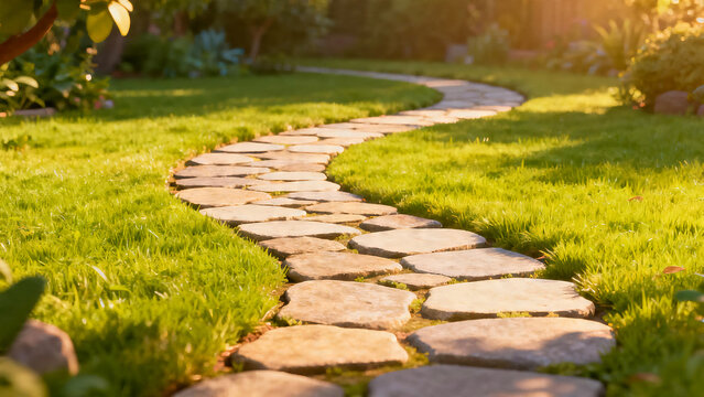 Winding stone pathway curving through lush green lawn