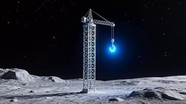 Crane on lunar surface with glowing hook