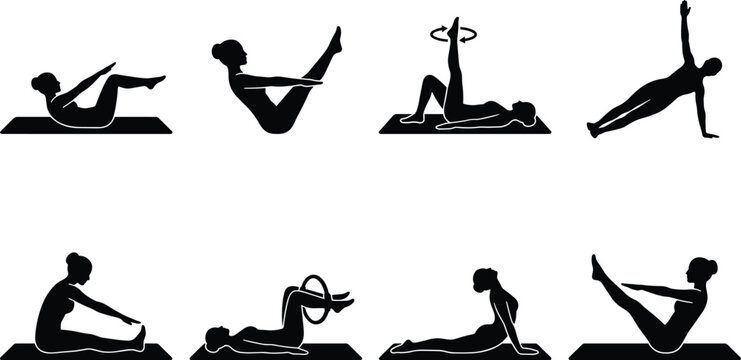 Pilates Exercise Silhouette Set with Yoga Mat Core Workout and Fitness Training Poses