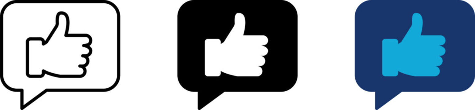 Thumbs up chat bubble icon set showing professional like recommendation customer feedback approval message and positive review confirmation with speech cloud