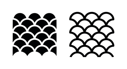 Geometric pattern of semicircles resembling fish scales or roof tiles, solid and outline variations. © liubomir118809