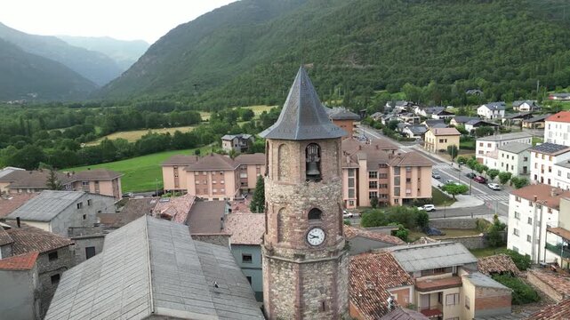 Aerial view of historic town bell tower Vilaller in Catalonia in Lleida Spain, landscape old medieval rural small town