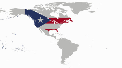 Fototapeta premium Conceptual map of North America, part of a global outline, featuring a patriotic flag design with stars, stripes, and a prominent star, representing a unique national identity